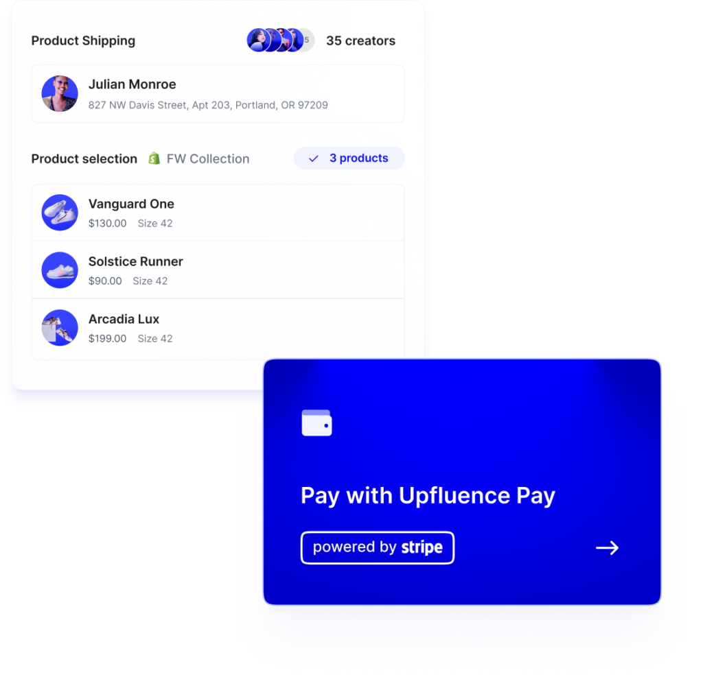 Illustration of Upfluence's product gifting and one-click pay feature